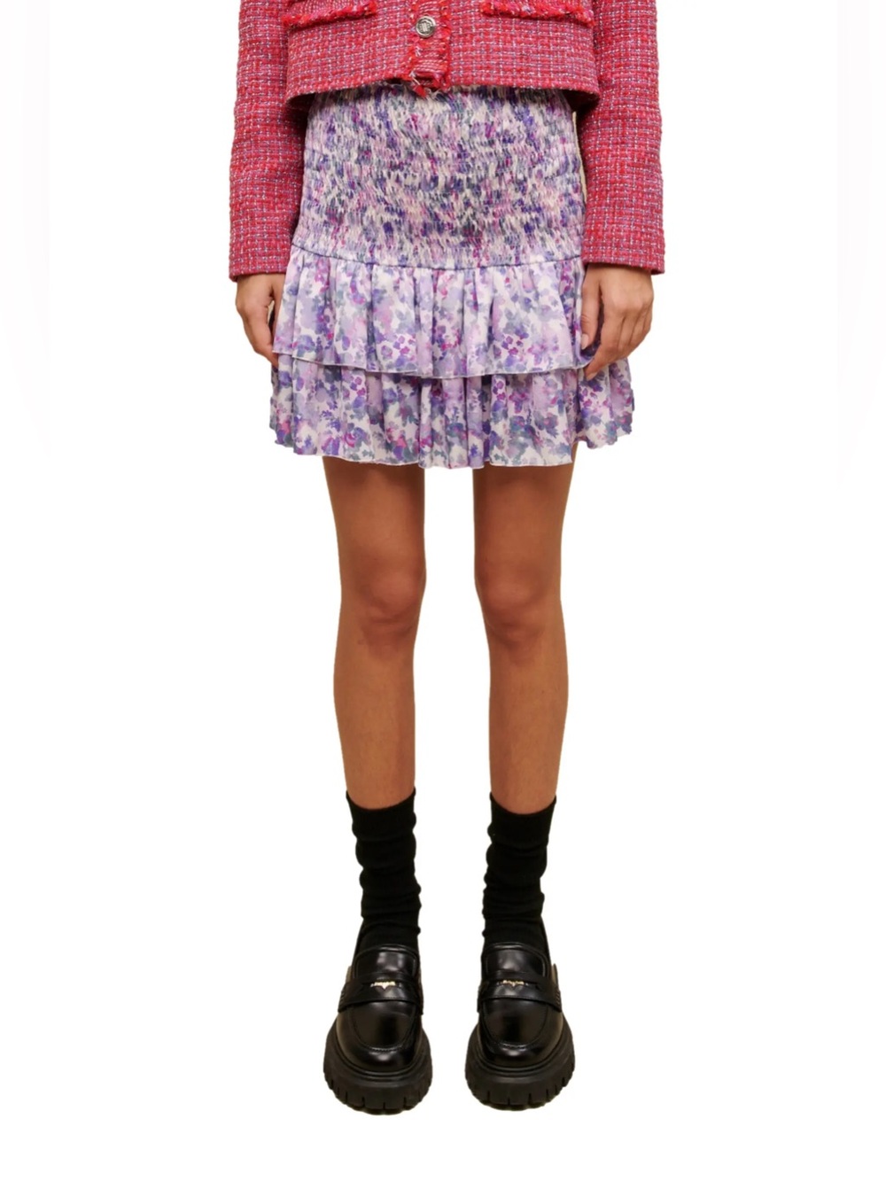 NWT Maje Juvard Tiered Mini Skirt in Imprime Fleurs Buvard Parme Size EU 40/US 8